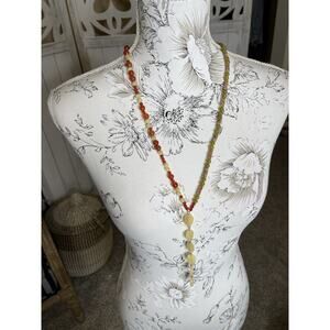 Vintage Necklace Semi Precious Gemstone Beads Green Leaves Red Bead Statement